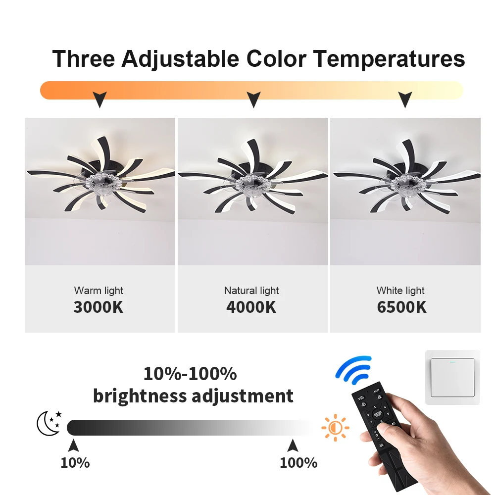 Ventilatore da soffitto dimmerabile con luce e telecomando, ventilatore da soffitto montato con luci a LED, APP e telecomando, moderno,