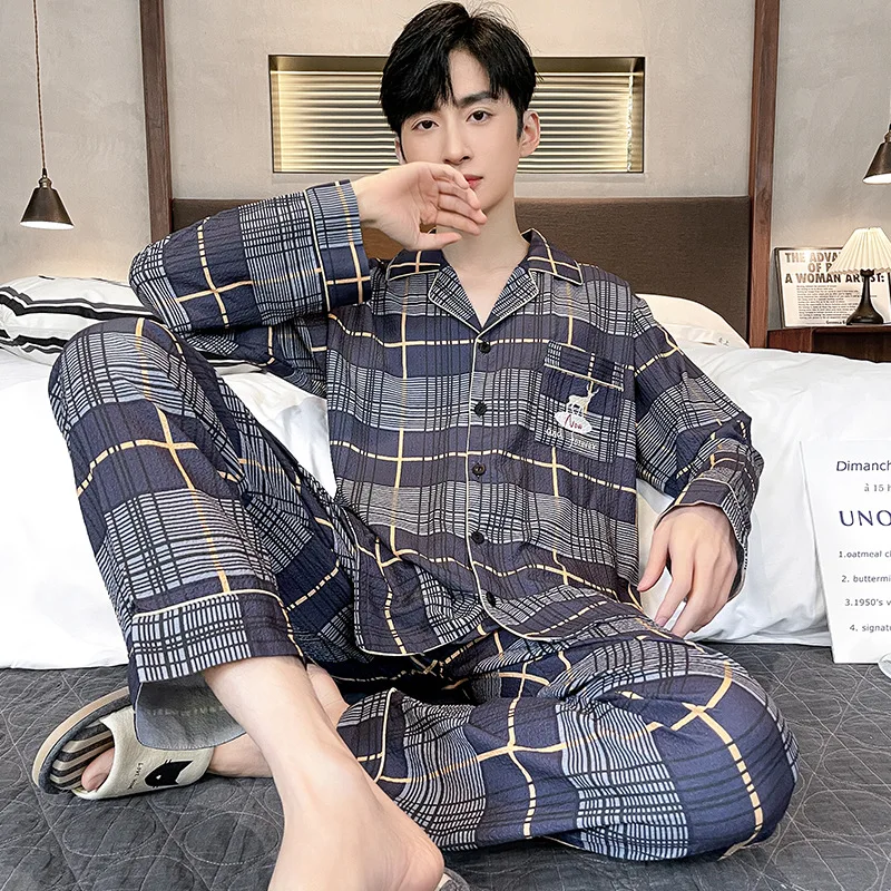 2024 New Spring Cotton Plaid Pajama Set For Men Long Sleeve Cardigan Trousers Homewear Big Size L-3XL Pjs Loungewear Homme