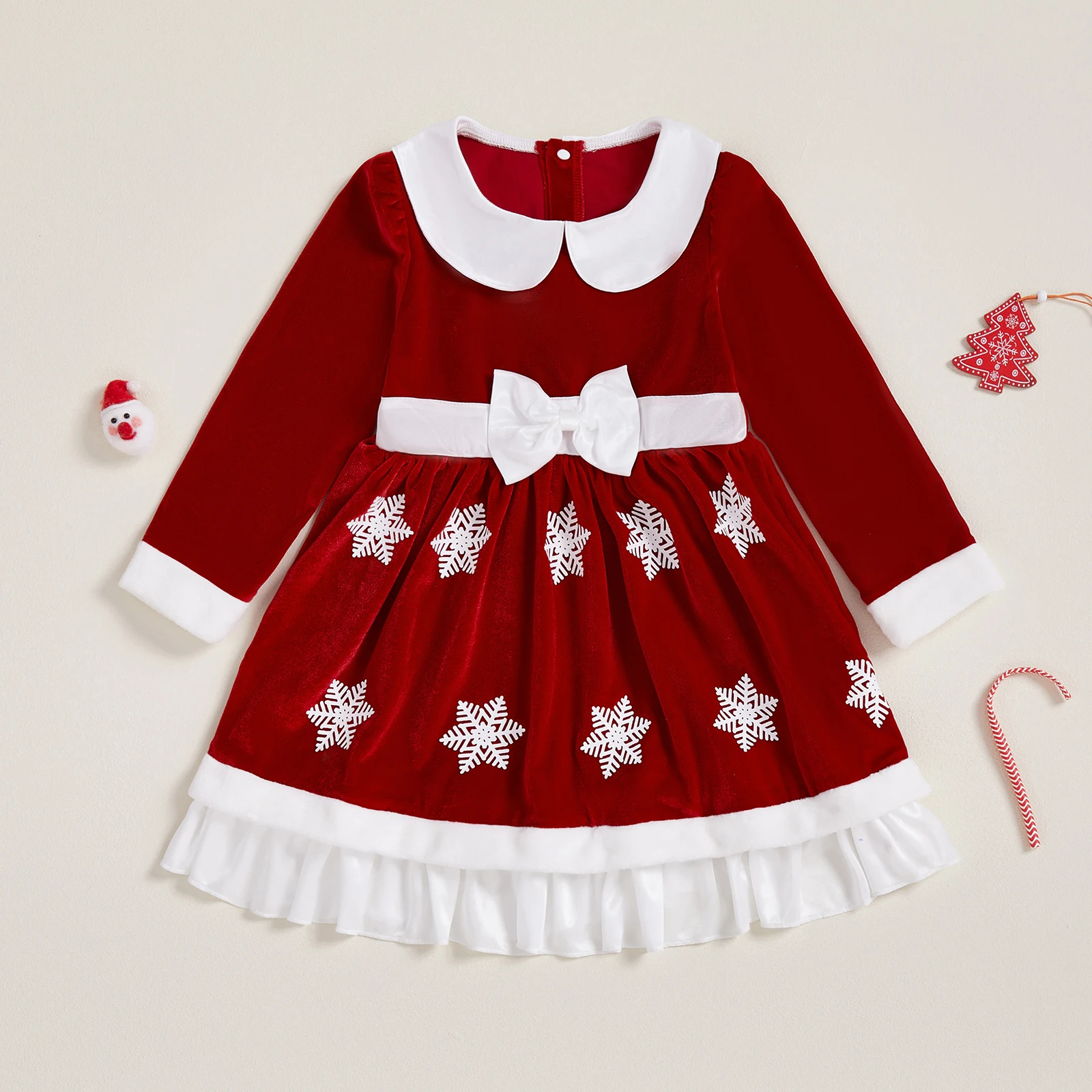 

Little Girl Velvet Christmas Dress Cute Snowflake Doll Collar Long Sleeve A-line Ruffle Winter Clothes for Toddler 1 to 5 Years
