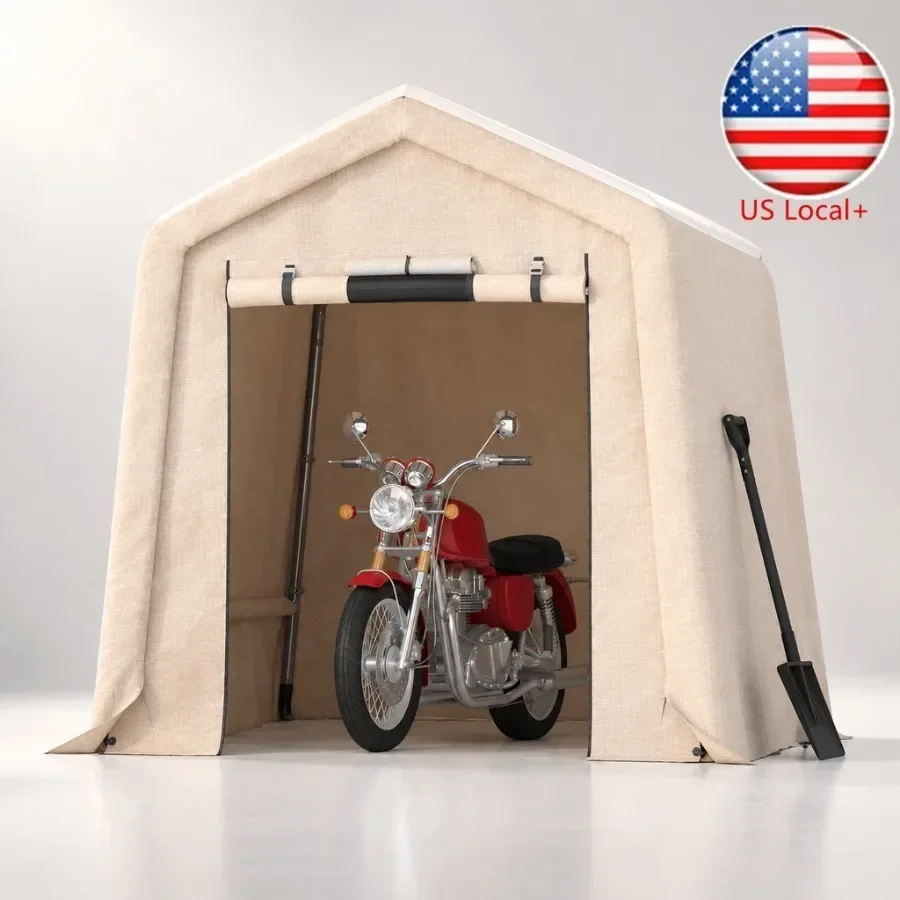 Outdoor storage shed for motorcycle, firewood, garden tools; heavy-duty waterproof PE tarp UV-resistant; khaki; 6x6 ft portable