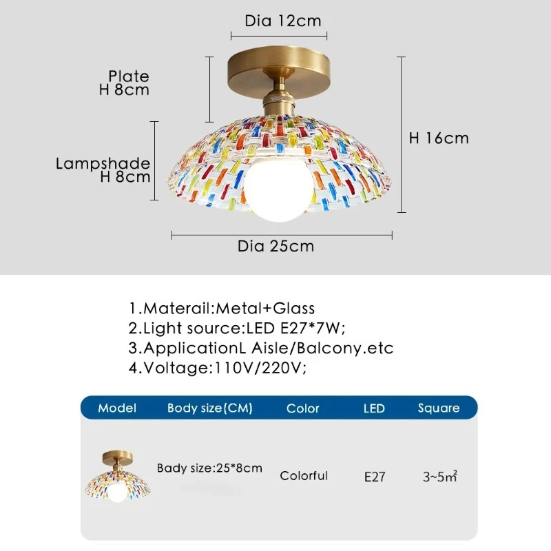 French Vintage Rotundity Hand-drawn Colorful Glass LED Ceiling Light Living Room Bedroom Restaurant Study Iron Base Hanging Lamp