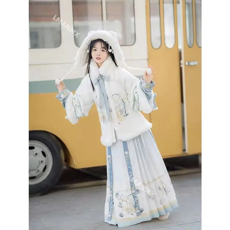 Cloak Hanfu Women's Long Style with Velvet and Thick Warm Coat Chinese Style Hooded Cape Ancient Cape Autumn and Winter Dress