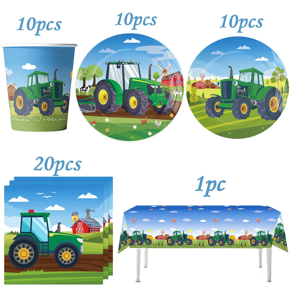 Green Tractor Farm Kids Birthday Party Tableware Kit Disposable Plate Cup Napkin Tablecloth Birthday Decor Supplies view 2