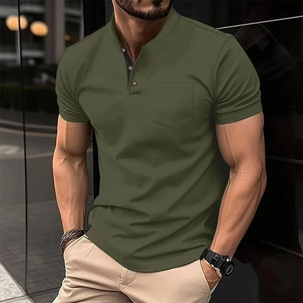 Summer Best-Selling Fashion Men Henry Collar POLO Shirt Men's T-Shirt, Solid Color Leisure And Comfortable Office Men's Clothing