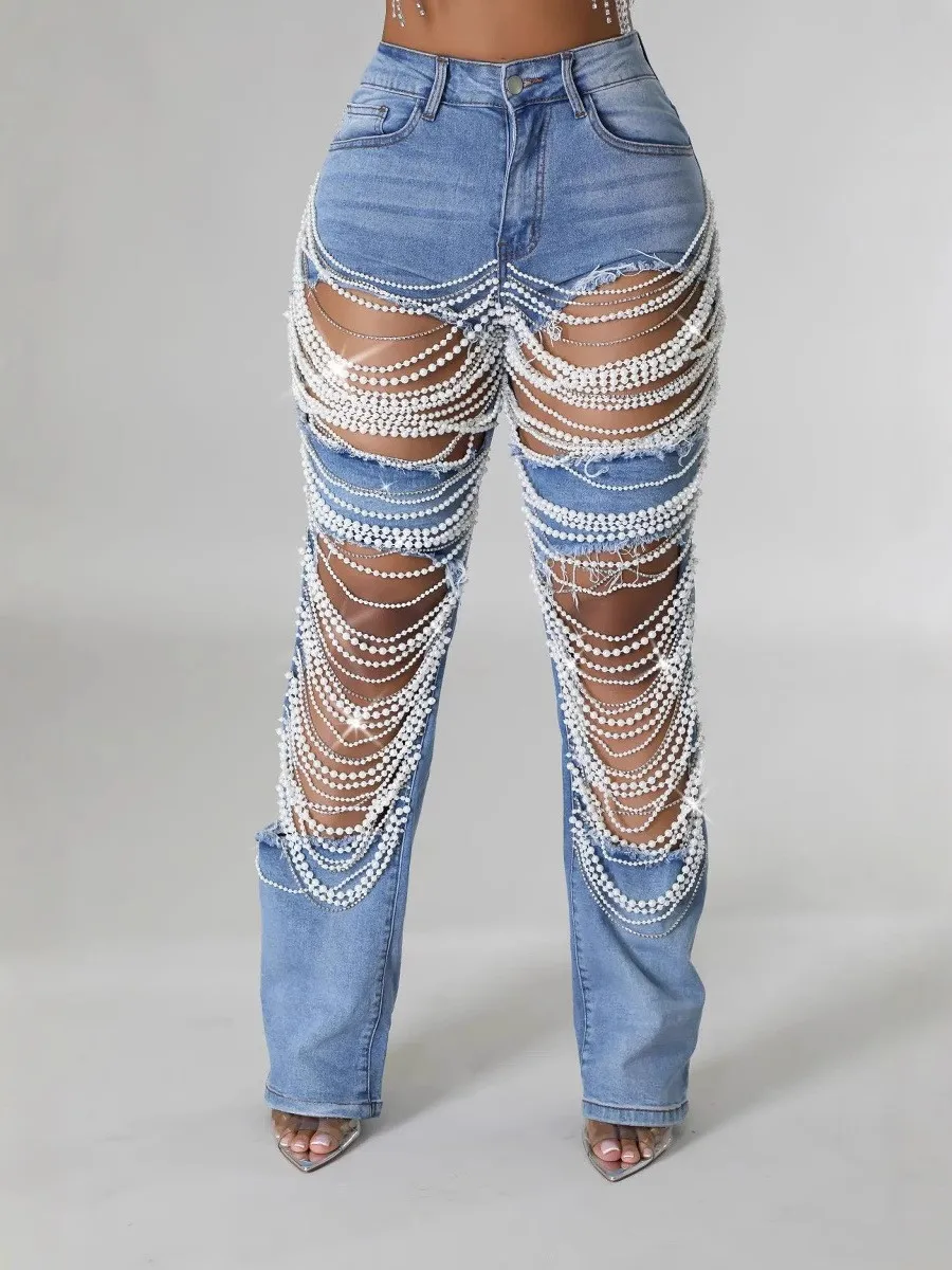 

Summer Women's Clothing Baggy Y2K Streetwear Pants High Waist Long Denim Jeans Beaded Distressed Embellished