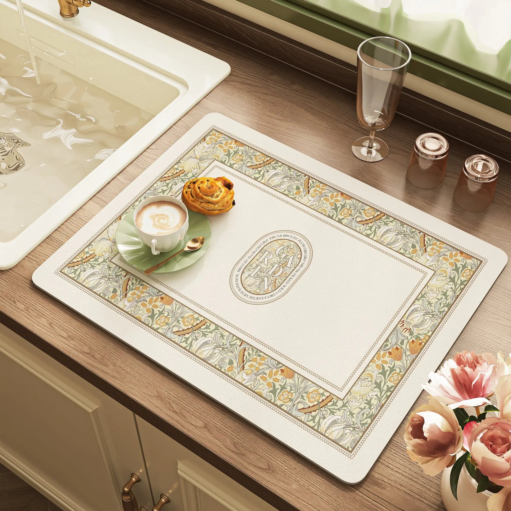 VIKAMA French Retro Rose Drying Mat Floral Frame Non Slip Heat Resistant Pad For Kitchen Sink Coffee Dining Counter Kitchen Mat