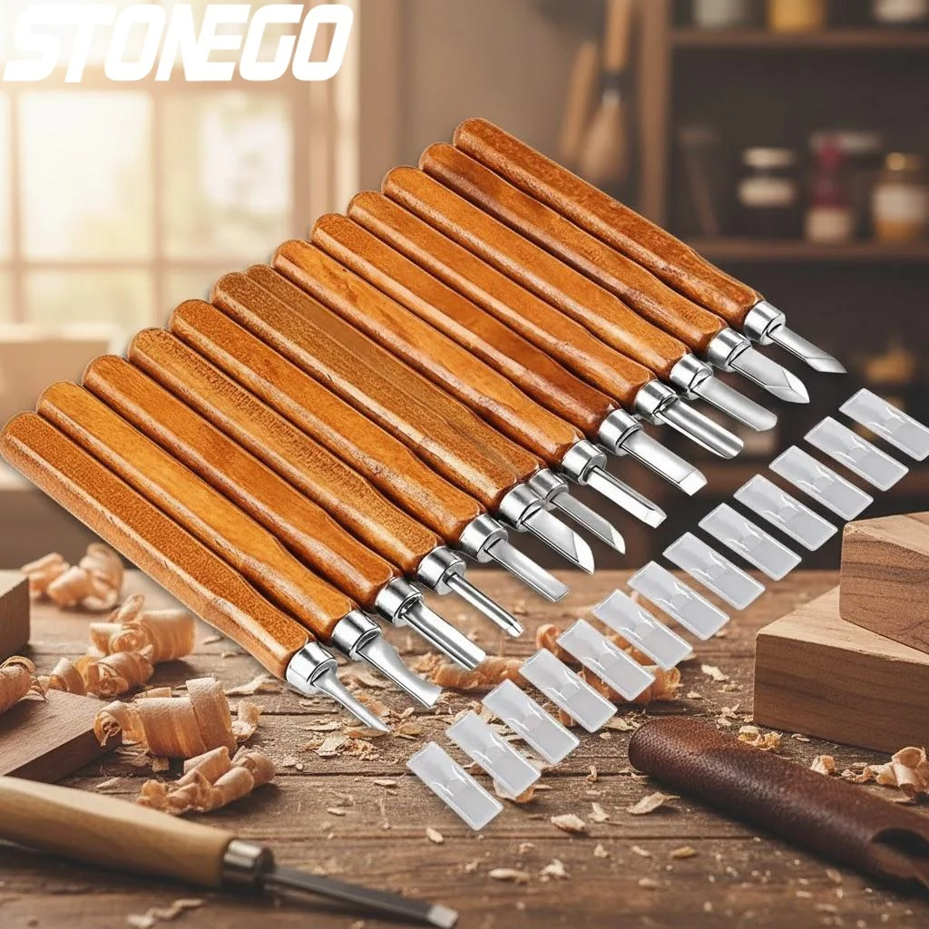 

STONEGO Woodcarving Chisel Set 12Pcs Woodworking Engraving Carving Tools Olive Wood Handle Craft Tool Kit