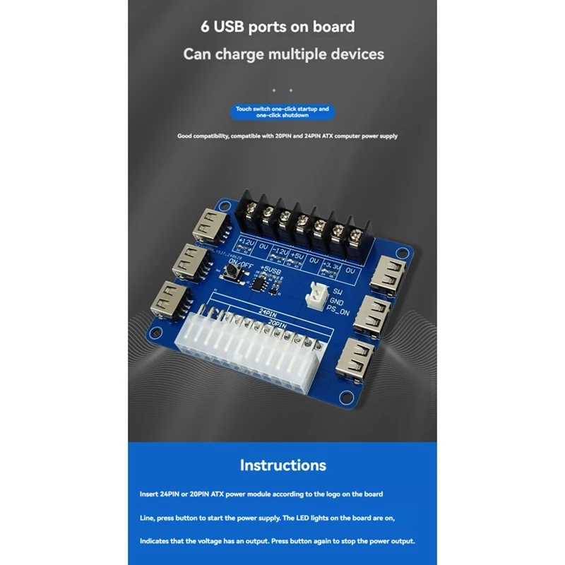 20 Pins 24 Pins ATX Power Adapter Board Power Pickup Board Power Module USB Charging Desktop Chassis Power Supply 5V