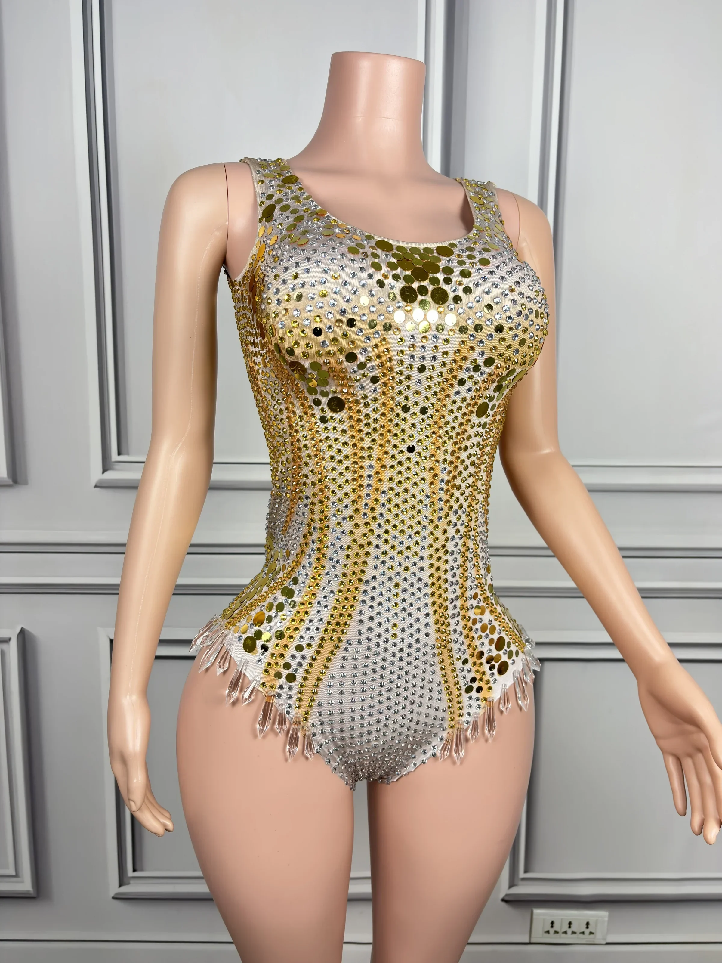 Flashing Sequins Diamonds Crytrals Gold Sexy Bodysuit Evening Party Performance Costume Bar Nightclub Singer Dancer Stage Wear