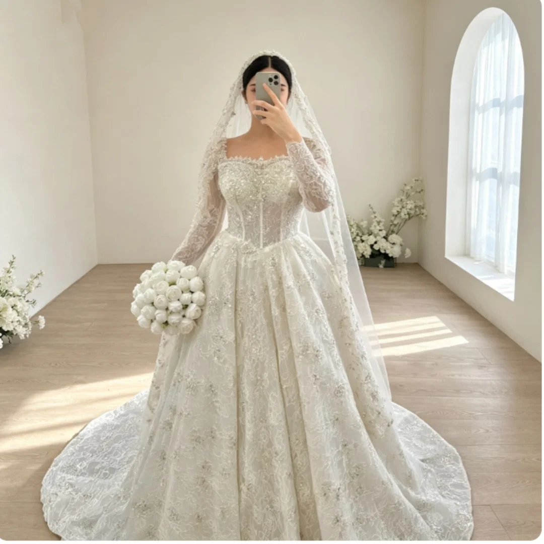 Custom Off Shoulder Long Sleeve Lace Wedding Dress 2026 Heavy Beaded Sparkle A‑Line Train Modest Bridal Gown