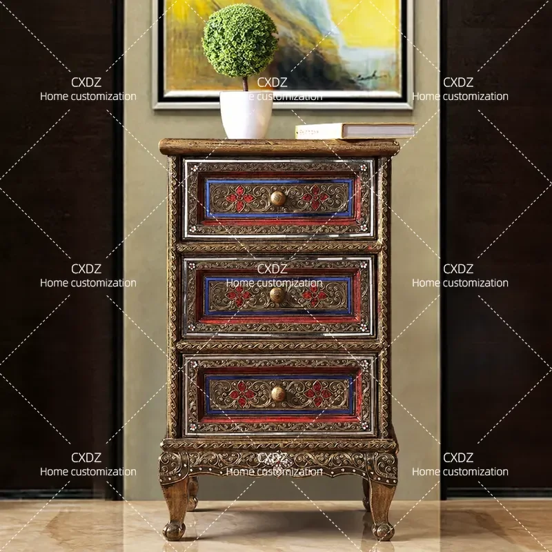 Thai Style Bedside Table Narrow Storage Cabinet Bedroom Side Table Three Drawer Nightstand Furniture