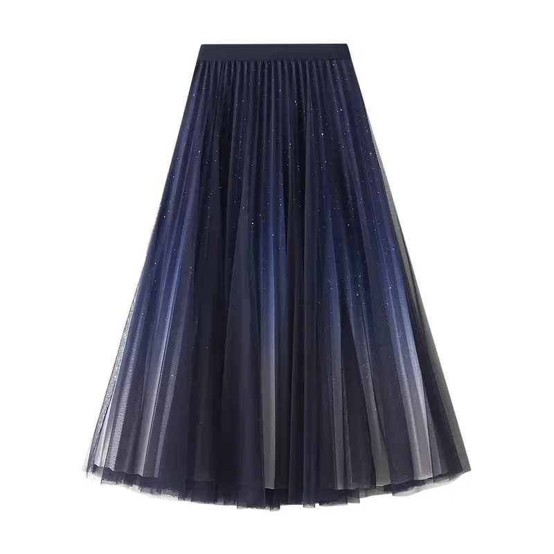 Starry Gradient Chiffon Pleated Long Skirt for Women, Solid Color 3-layer A-line High Waisted Autumn and Winter Big Swing Skirt