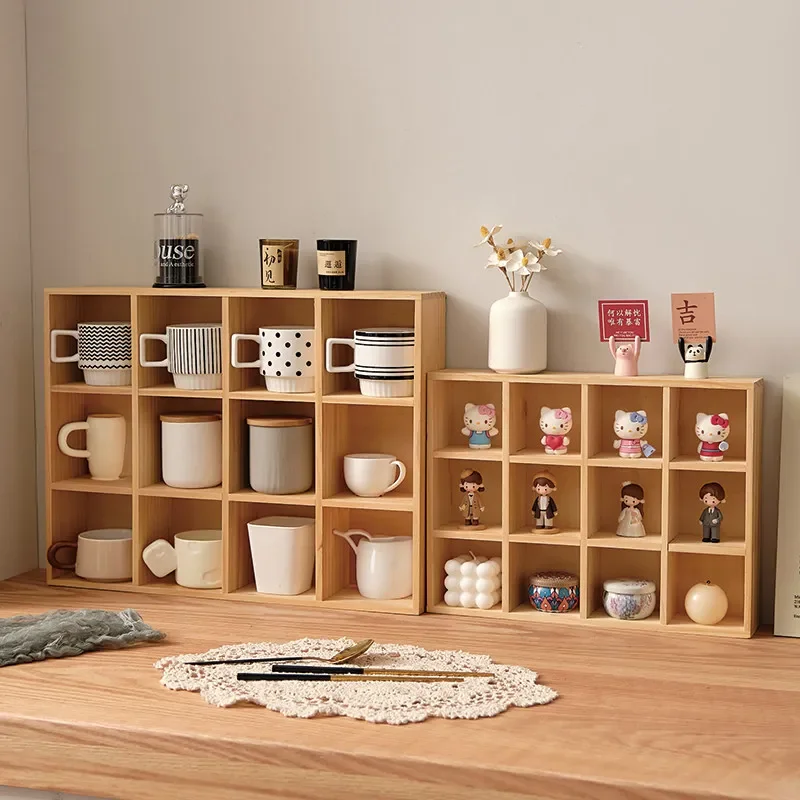 Wall‑Mounted Solid Wood Grid Storage Box, Desktop Display Shelf for  Tea‑Set Cup, Multi‑Grid Home Wall Ornament Organizer Rack