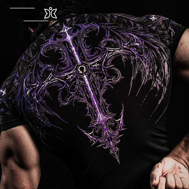 QICHE Men Dark American Style Stretch Short Sleeve Tight Top Summer Gym Workout Elastic Breathable Fitness Sports Shirt