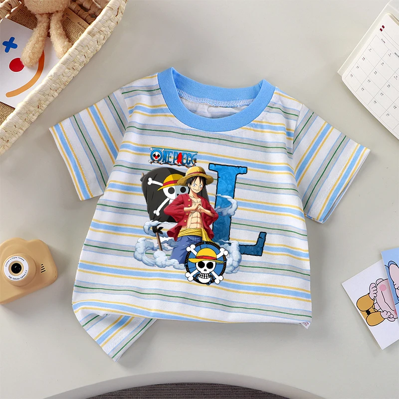 Uma peça listrado camiseta roupas infantis luffy dos desenhos animados anime A-Z carta padrão de manga curta menino verão topo criança moda t