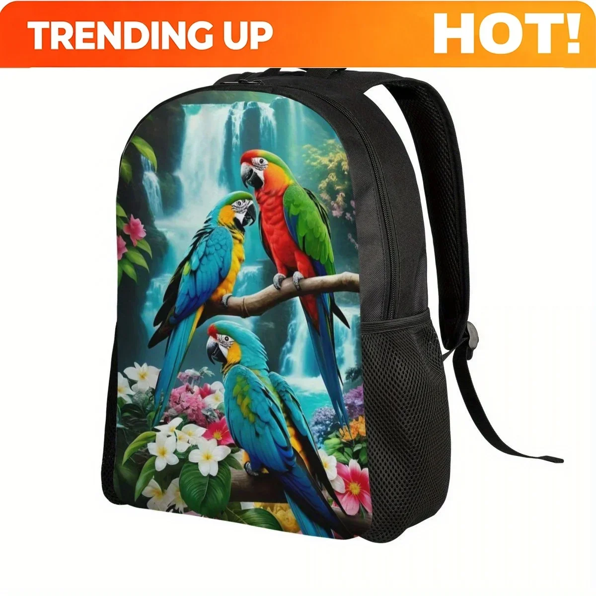 Custom Vibrant Parrot Print Backpack Lightweight, Large Capacity Laptop & Bag With Adjustable Straps, Zipper Closure