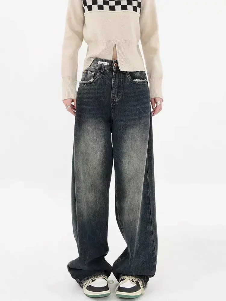 American High Waist Straight Jeans Bein Taille Lose Weites Bein Damen Y2K Washed Grind Hair Distressed Vielseitige Freizeithose