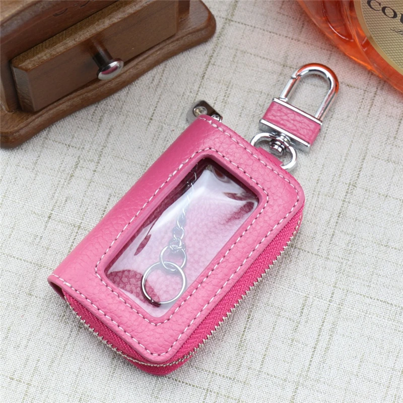 Couro feminino Zipper Square Key Case, Porta-chaves do carro, Organizador de casa, Saco de janela transparente, Cadeia carteira