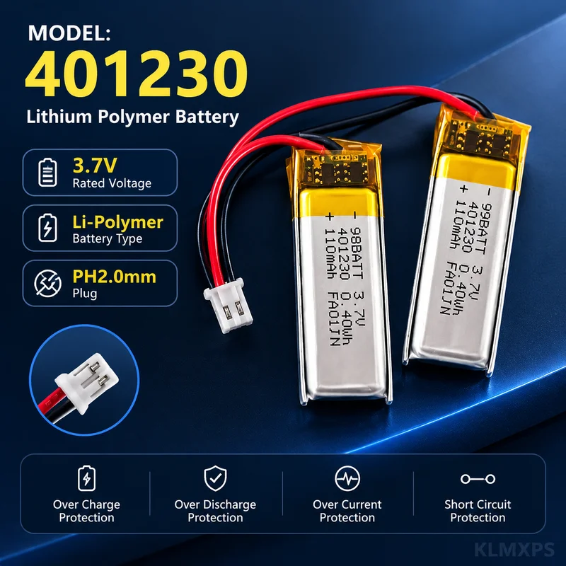 401230 110mAh 3.7V Rechargeable Polymer Li-Po Battery for Bluetooth Speaker/Headphones/Desk Lamp/Wireless Mouse/Tablet/Massager