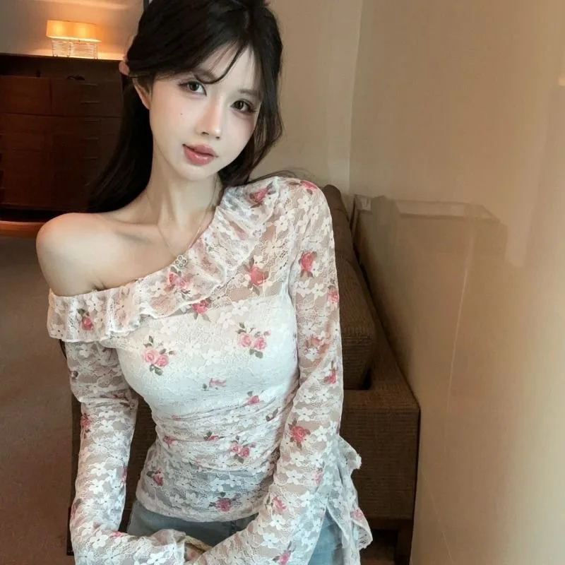 Top Wind Long-sleeved Shirt Women's Spring and Summer One-word Shoulder Off-the-shoulder Ruffle Edge Bottoming Shirt