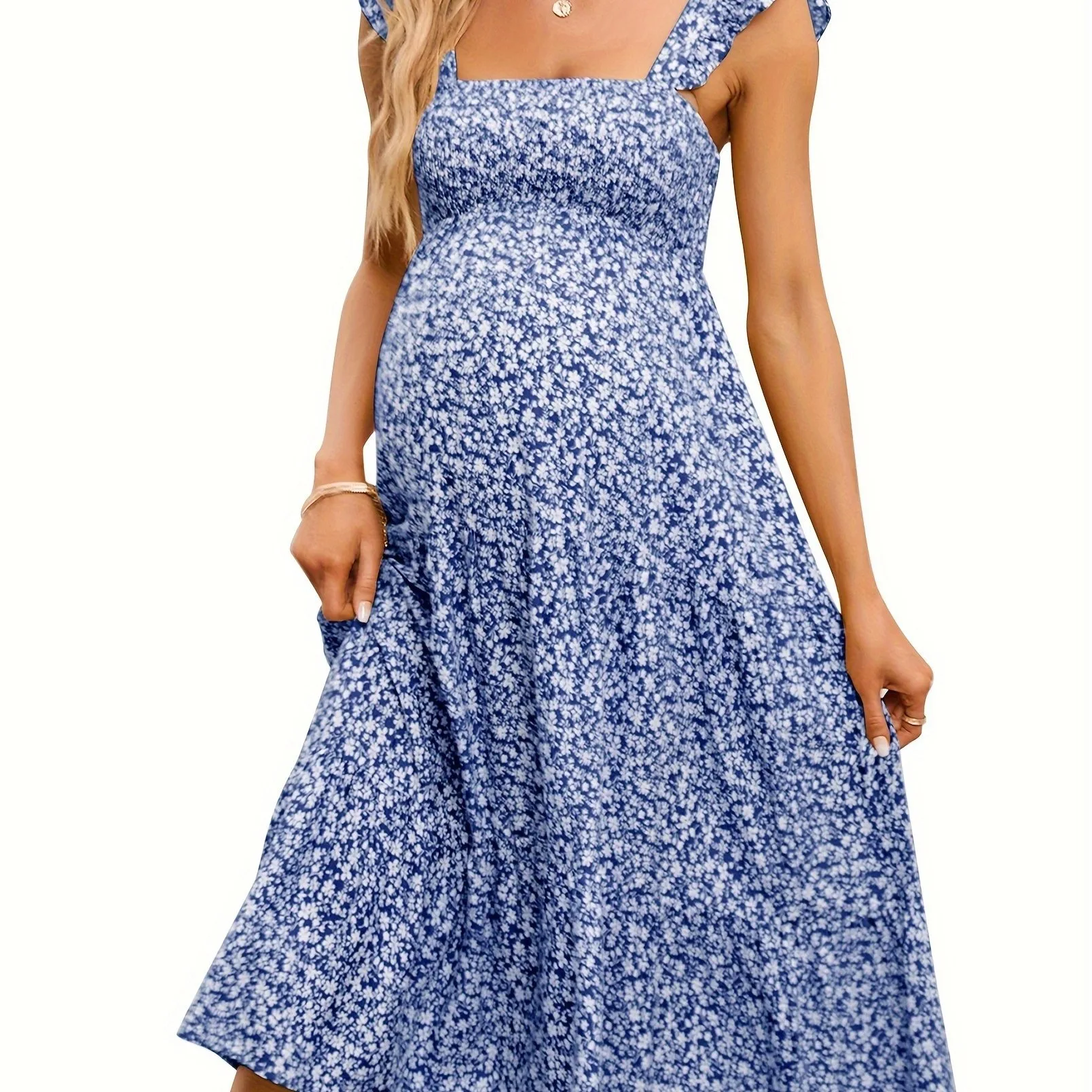 Printed Hanging Neck Dress L 46881 Knitted Fabric Midi Skirt Princess Sleeve Seven-Quarter Length Regular Fit Vintage Style