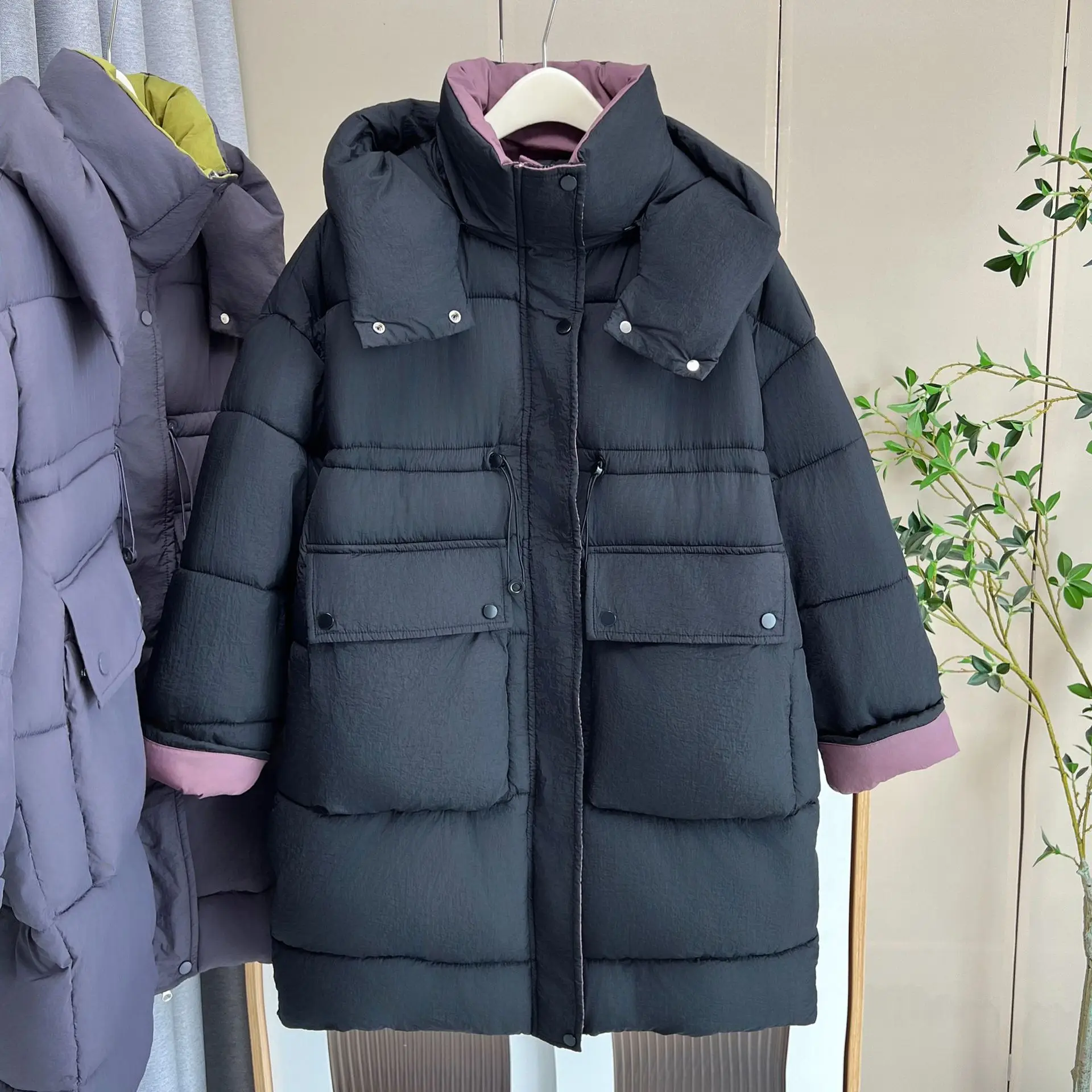 XXXXL موضة حجم كبير سترات نسائية جديدة بسيطة منتصف طول مقنعين وسادة مبطنة في الشتاء الدافئة كتلة اللون معطف 0658 #6