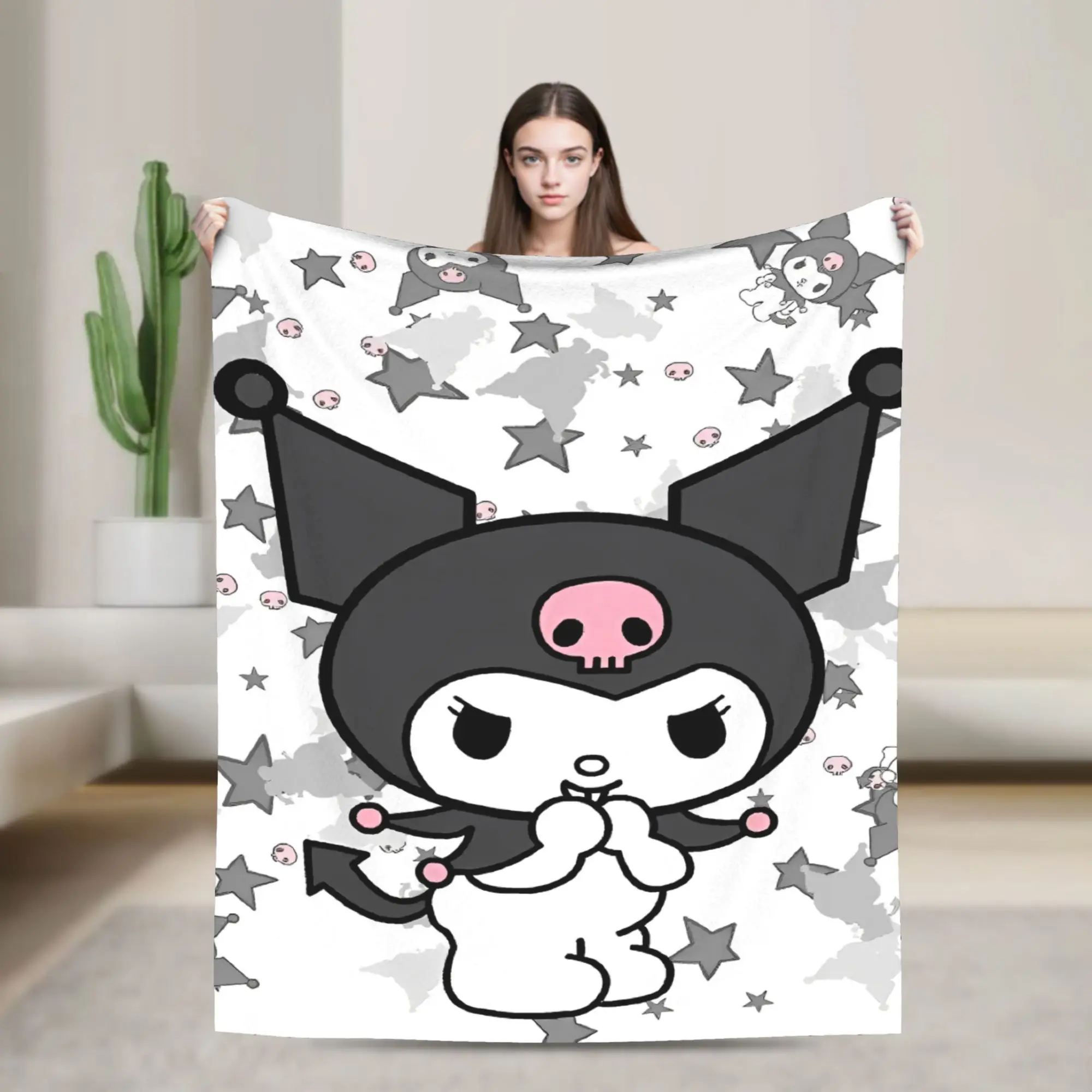 

Одеяло с рисунком Happy Kawaii Kuromi, фланелевое ультра-мягкое одеяло для дома, дивана, спальни, одеяло