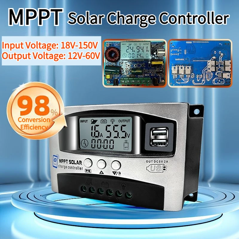 10A/30A/40A/50A/60A 12V-60V Step-down MPPT Solar Controller LCD Display Dual USB Bluetooth APP 18V-150V Wide Voltage Controller