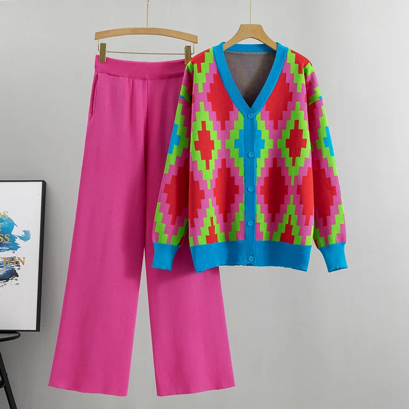 

Two Piece Sets Women V Neck Single Breasted Print Full Sleeve Coats Sweaters Cardigan Wide Leg Long Pants Set Loose Autumn