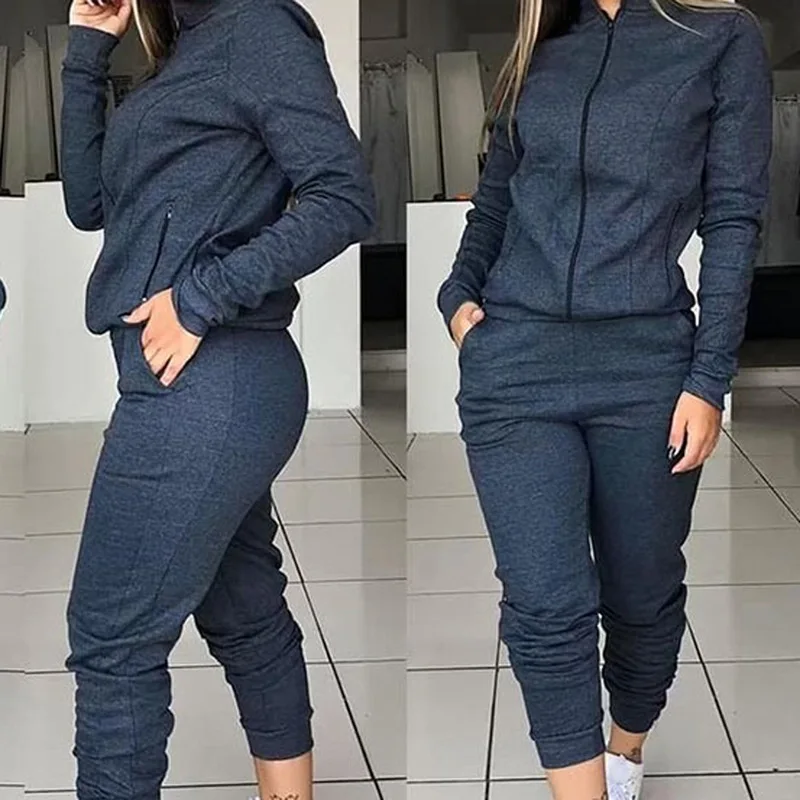 

Women Pant Sets Pocket Long Pants Solid Casual Spliced Zipper Stand Collar Coats Full Sleeve Jackets Outwear Lady Suits 2025