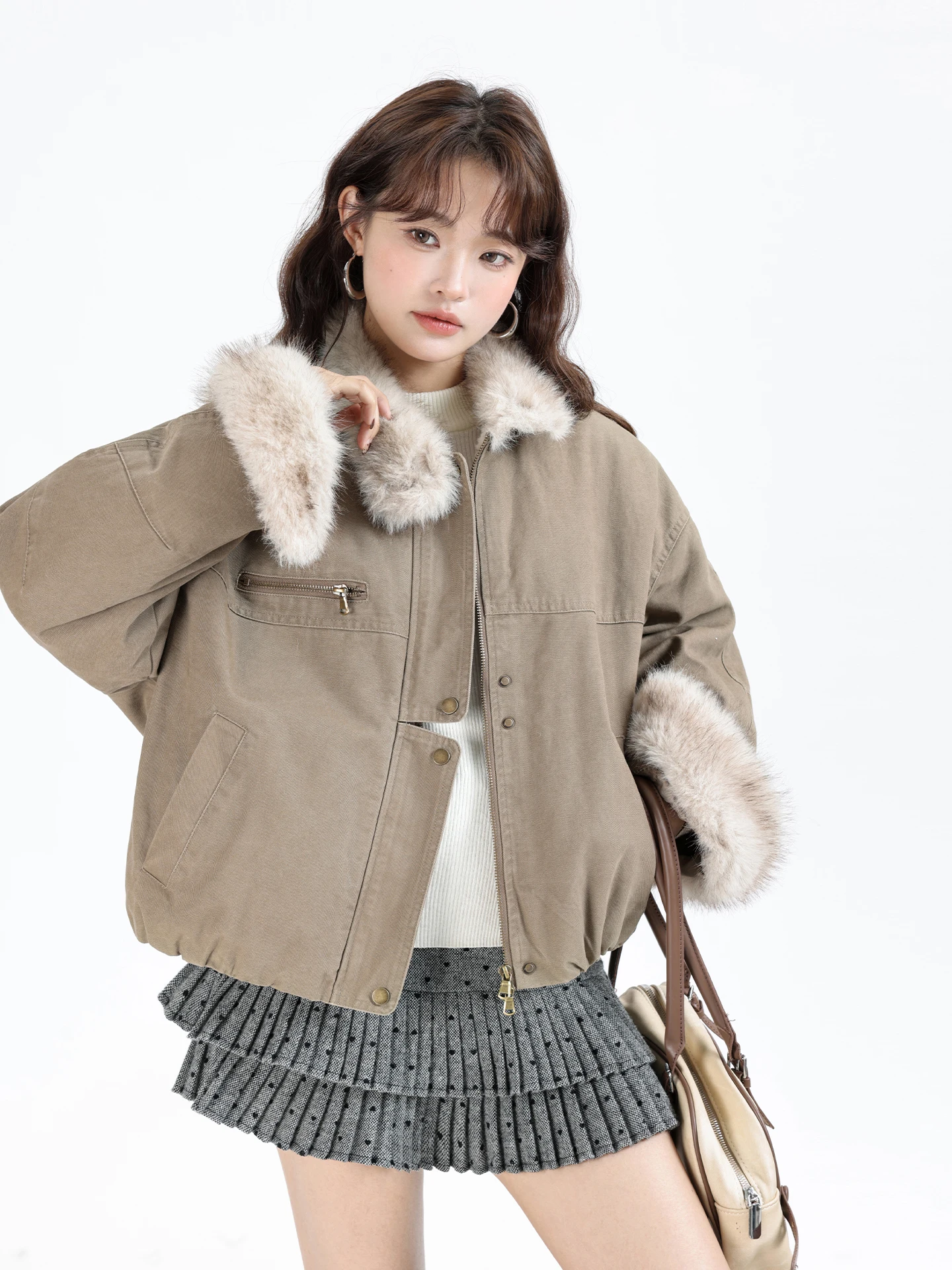 Korean Style Fleece Lined Short Parka Coat Warmth Sheepskin Leather Jacket Standard Fit Ladies Fashion Autumn Winter Outerwear