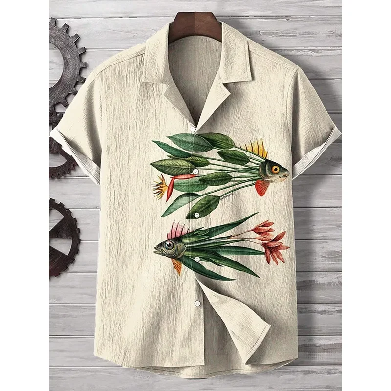 Men's Ocean Fish Art Print Short Sleeve Linen Blend Shirt Summer Hipster Button Down Shirts Retro Harajuku Japanese Style Shirt