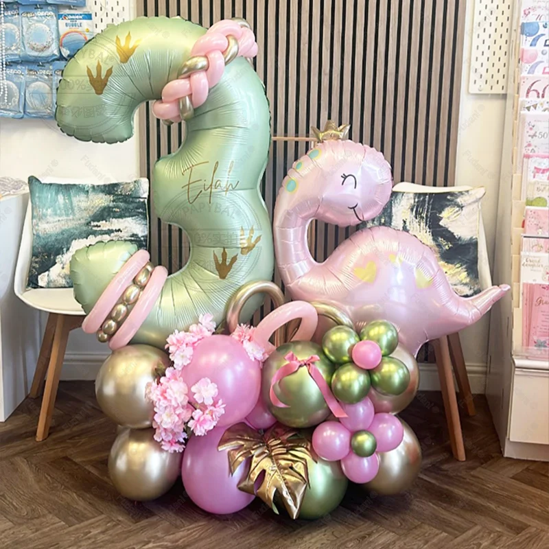 42 Stück rosa Krone Dinosaurier Ballon olivgrün Zahl Geburtstag Ballon Set Cartoon Tier Thema Party Dekoration festliche Lieferungen