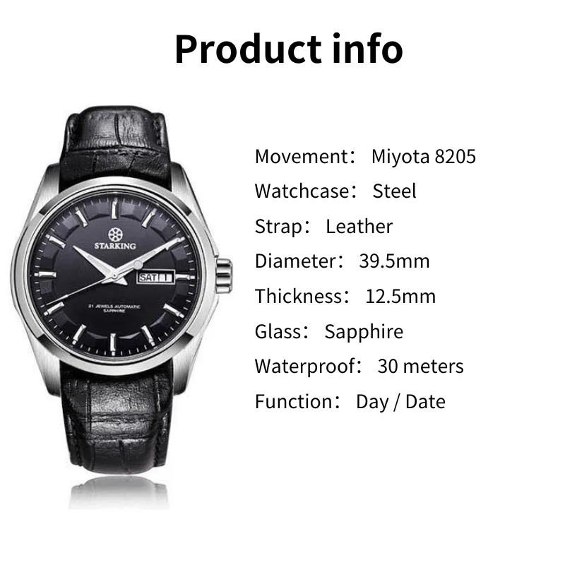 Men's Automatic Self-Winging Watch Classic Series 37mm Dial with Miyota 8205 Movement Sapphire Mirror Day/Date 5ATM