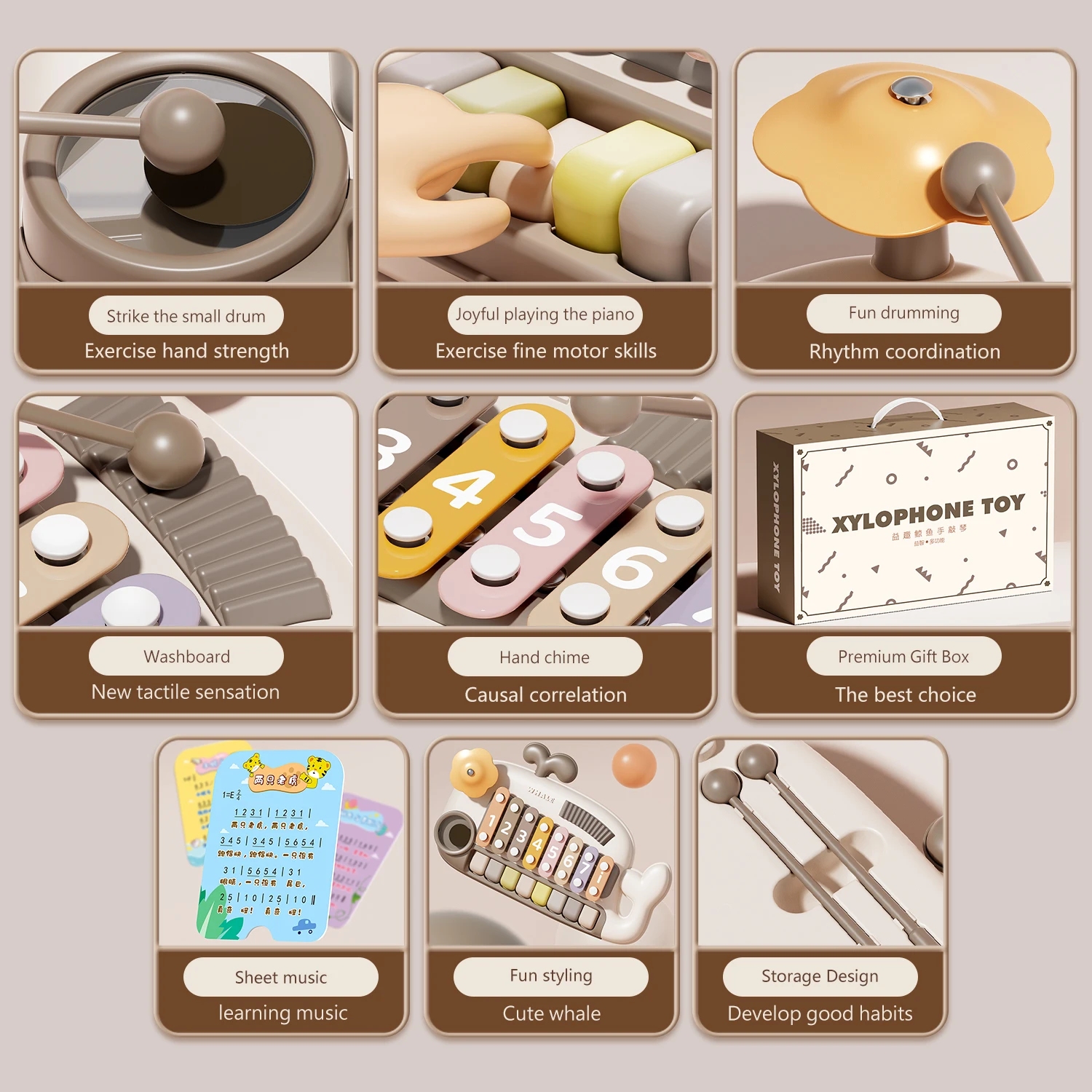 Crianças instrumentos musicais baleia xilofone piano brinquedo com tambor gong para crianças 3 anos educacional desenvolvimento sensorial presente