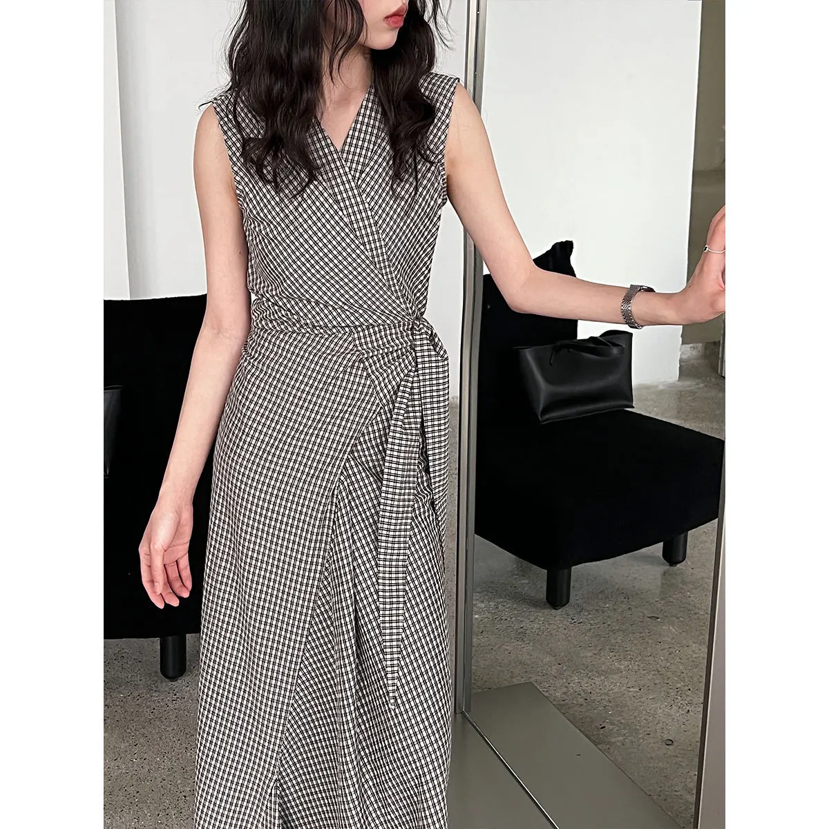 

V-neck Lace Up Waist Plaid Vest Dress For Women's Summer Dress