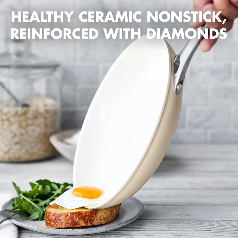 Padova Hard Anodized Healthy Ceramic Nonstick 17 Piece Cookware Set, PFAS-Free, Induction, Dishwasher Safe, Oven Safe, Taupe