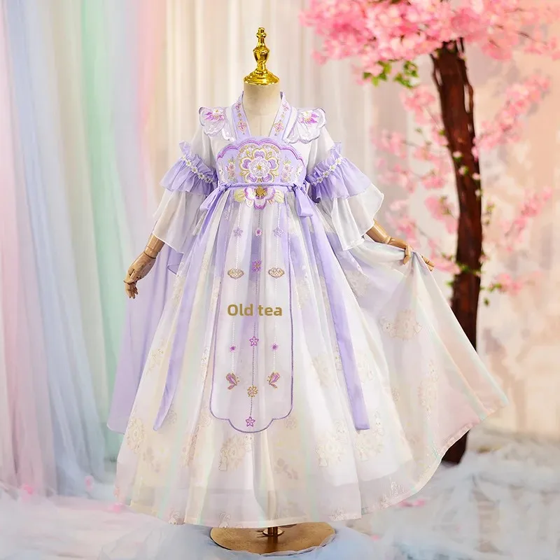 Simpatico abito Hanfu a maniche corte per ragazze, costume cinese antico per bambina, gonna da gioco di ruolo fresca e simile alle fate