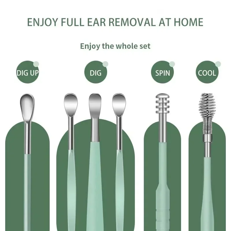 Stainless Steel Ear Wax Removal Kit Spiral Ear Cleaner Spoon Reusable Portable Ear Cleaning Tool for Adults Home Care