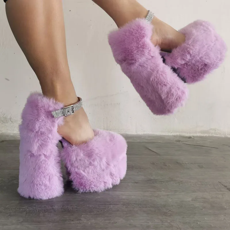 Cinturino alla caviglia con strass Bling décolleté viola pieno di pelliccia donna Mary jane piattaforma di pelliccia pelosa tacchi robusti scarpe