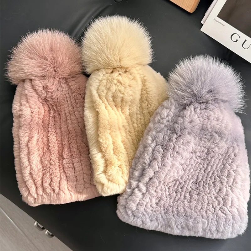 Real Rex Rabbit Fur Hat Winter Warm Thickened Snow Cap Knitted Cold-Proof Ear Protection Hat Plush Skiling Hat For Women
