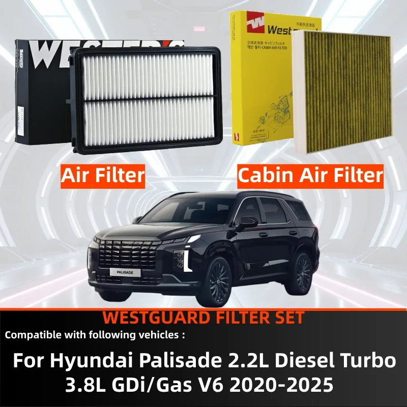 

For Hyundai Palisade 2.2L, 3.8L Gas 2020-2025 WESTGUARD Filter Sets Cabin & Air Filter 28113A9200 A9100, 97133S8100