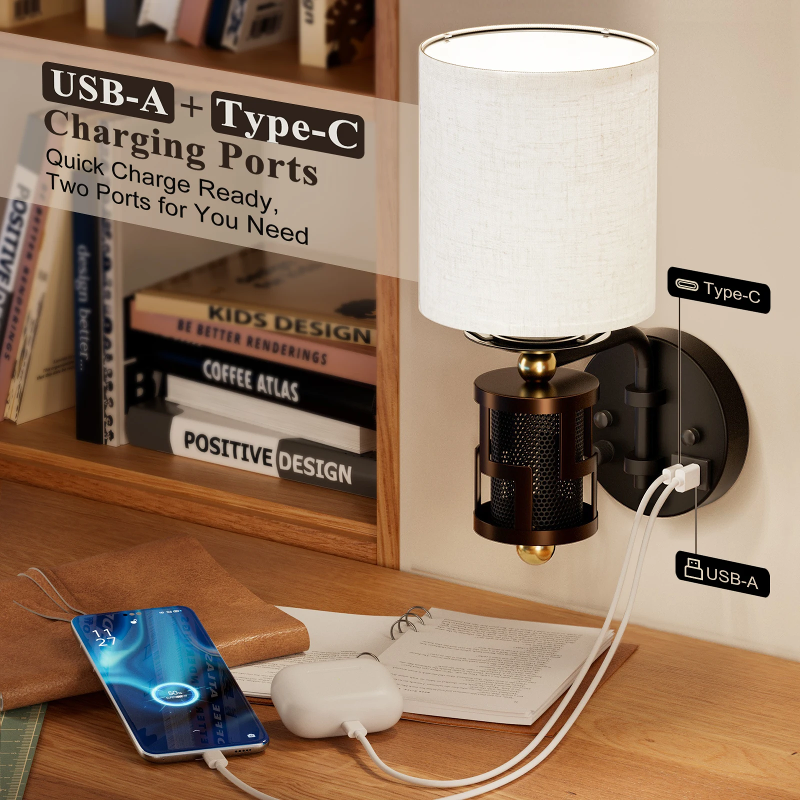 Rechargeable Wall Sconce Dimmable Wall Lamp with USB Charging, Modern Style Wall Light for Bedroom Living Room (Bulb Included)