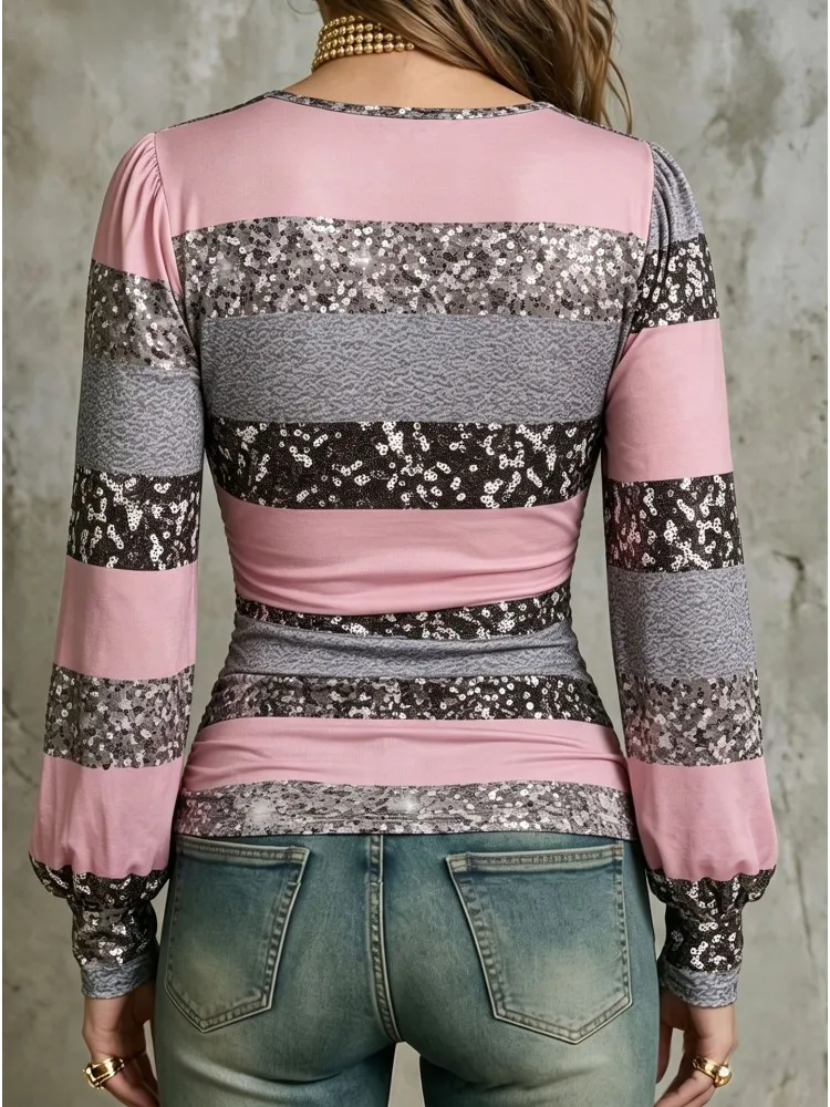 XL-4XL Plus Size Women's Clothing Spring Autumn Fashion Elegant Sequin Tops V-Neck 3XL 4XL Plus Big Size Long Sleeve T-shirt