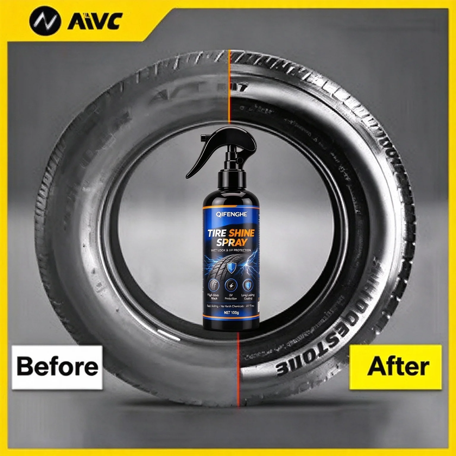 Car Tire Shine Spray High Gloss Wet Look UV Protection Long Lasting Coating Fast Acting All Tires