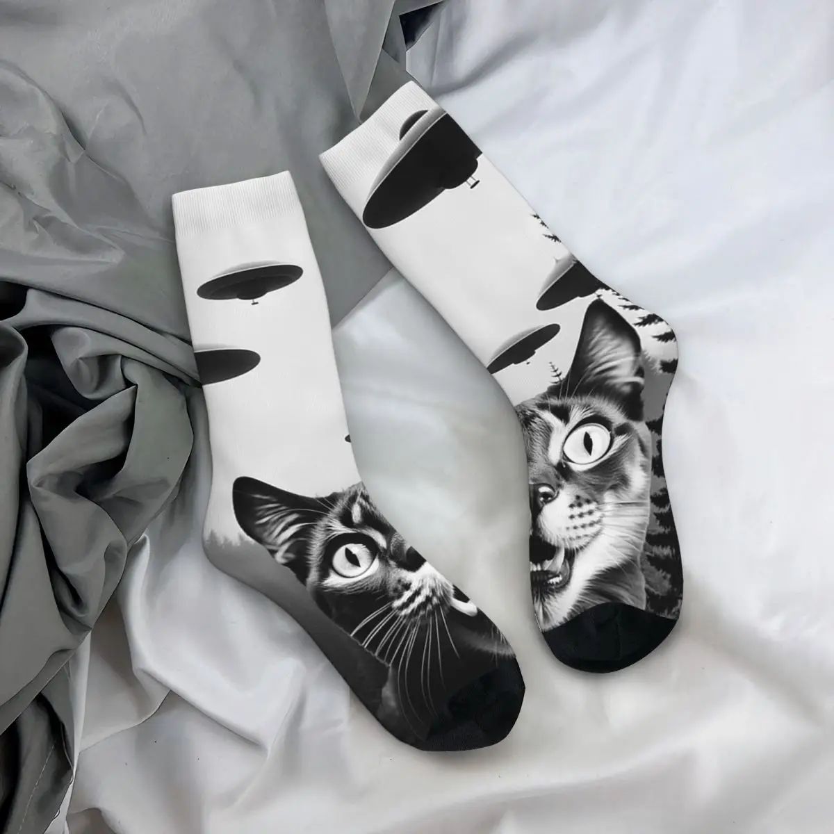 

Веселые носки с принтом кошки, НЛО и пилы, на все сезоны, повседневные длинные носки для мужчин и женщин, подарки на День святого Валентина