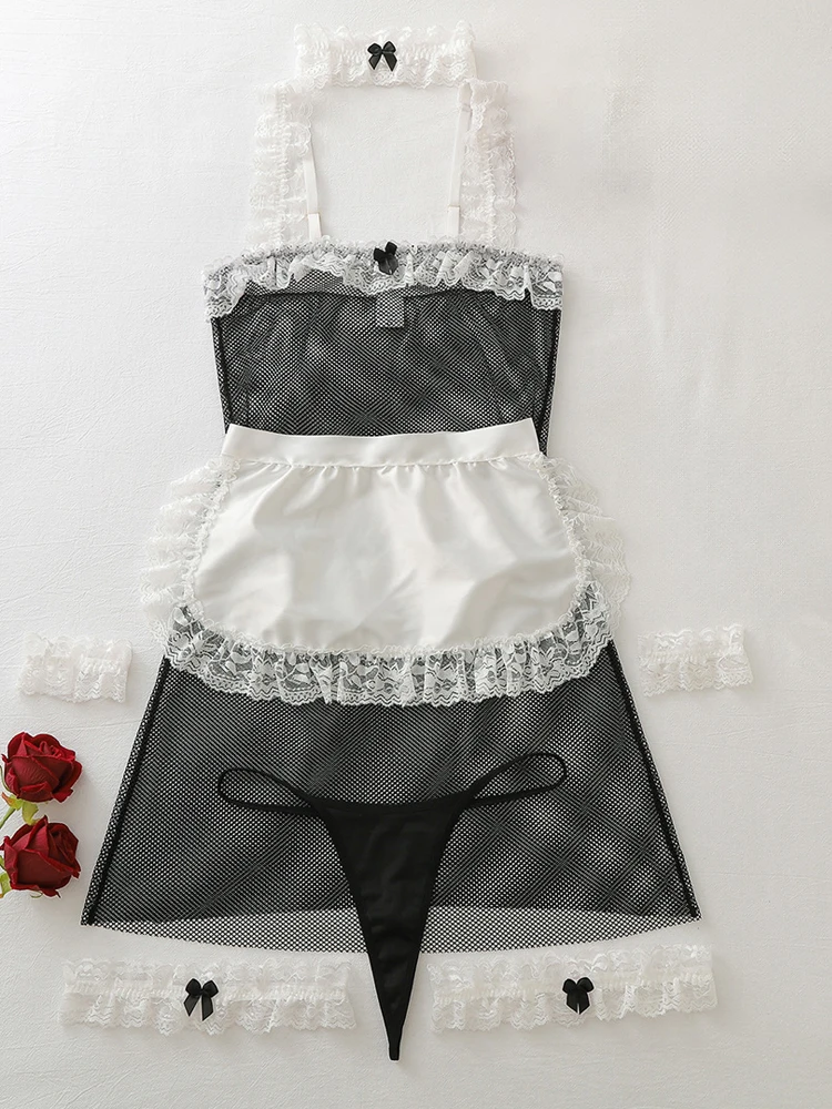 Women Lace Perspective Hollow Out Bodycon Dress With Bow Decor Sexy Shaping Club Outfit 6 Pcs Apron Skirt Set Nightclub Costume