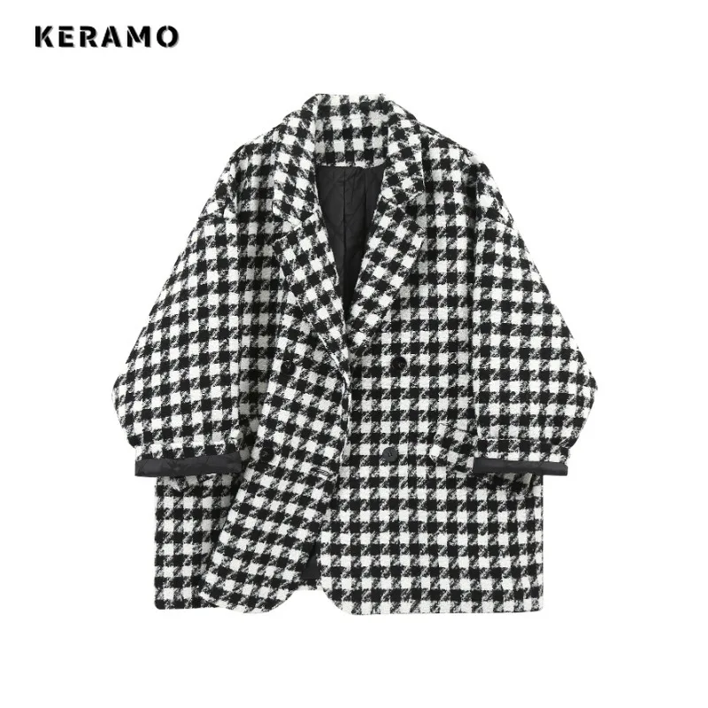 Women Retro Office Lady Plaid Notched Collar Long Sleeve Blazers 2023 Autumn Winter Vintage Casual Loose ELegant Tailored Coat