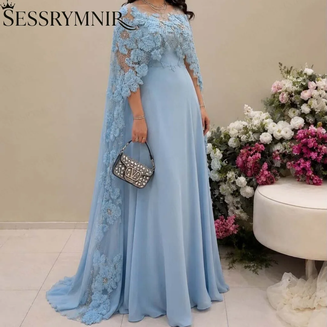 SESSRYMNIR Women'S Formal Evening Gowns Customize Scoop Neckline Sky Blue Evening Dresses Cap Sleeves Flowers Floor-Length