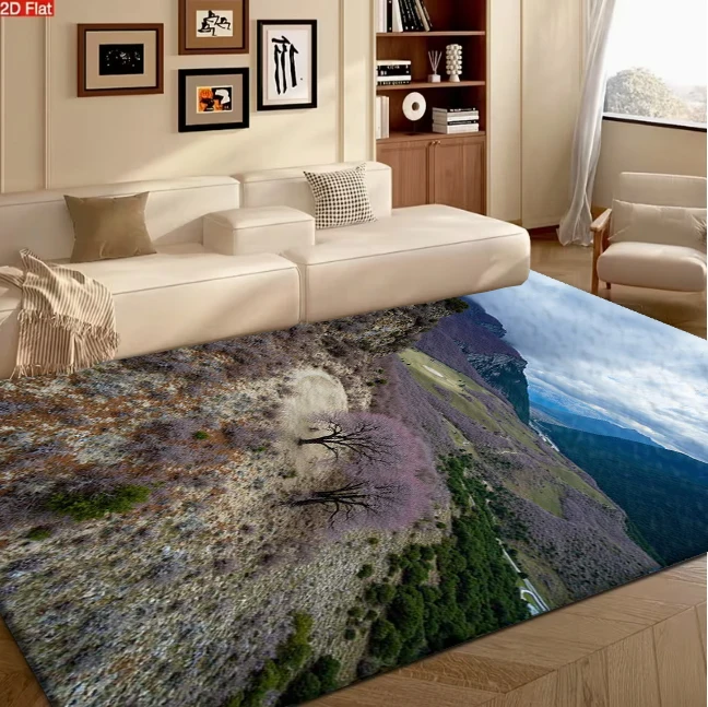 High-Angle Mountain Valley Spring Landscape Carpet Flooring, Wild Nature Scenery Non-Slip Area Rug for Living Room Bedroom Home Decor